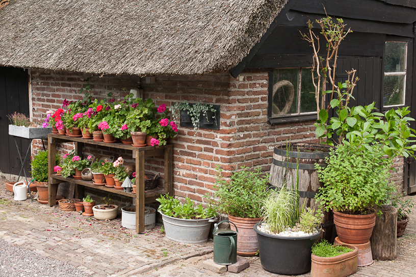 Een huis met bloemen in potjes